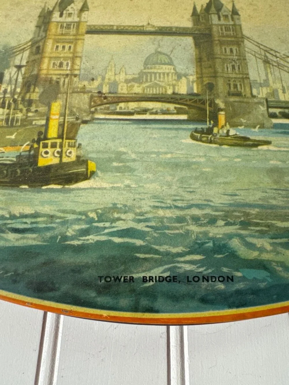 Vintage Tin Tower Bridge London Illustration  Decorative Oval Design England Dec